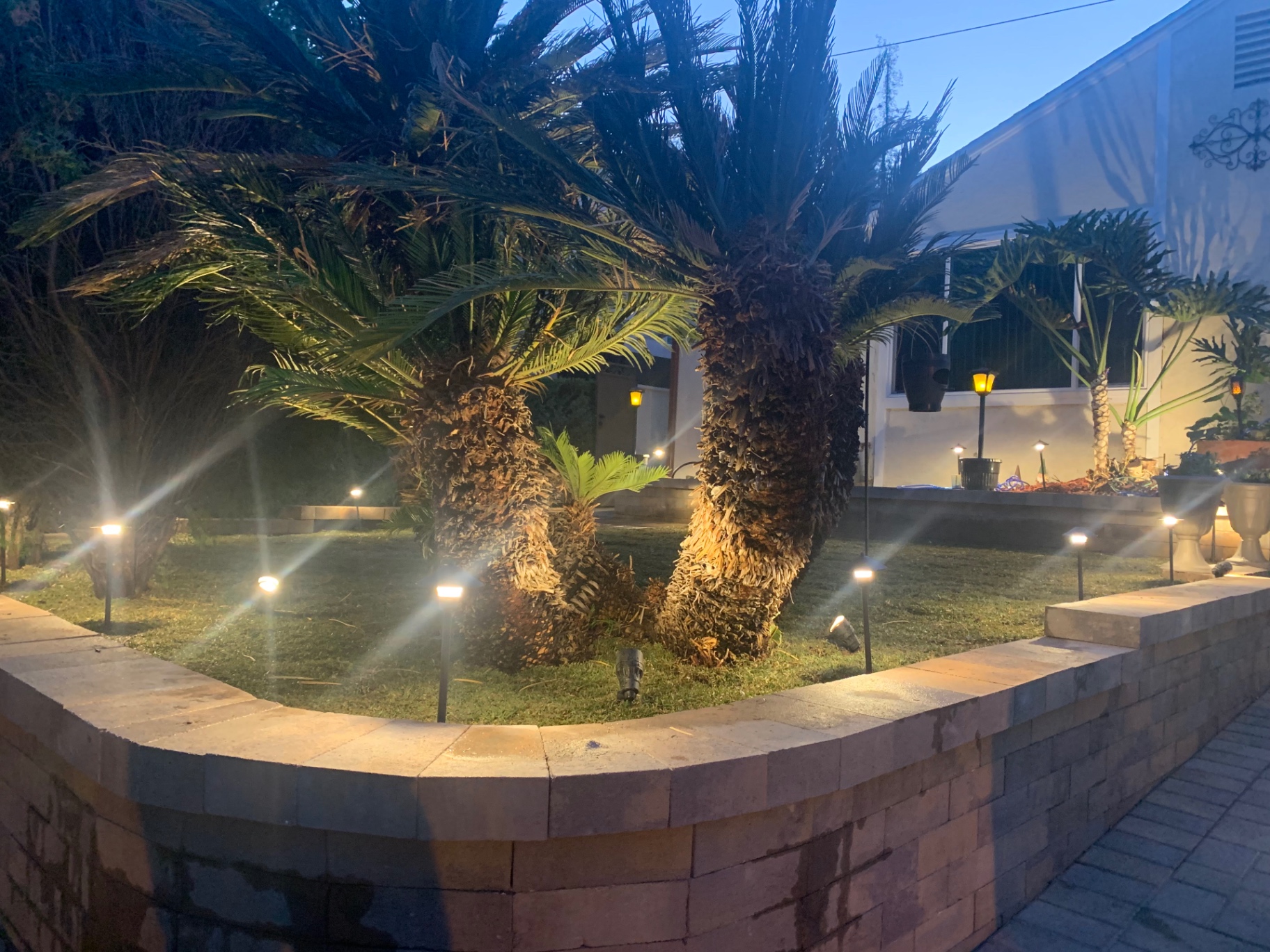Front yard rebuild — new seat wall, sod & low-voltage lighting in Lomita — after