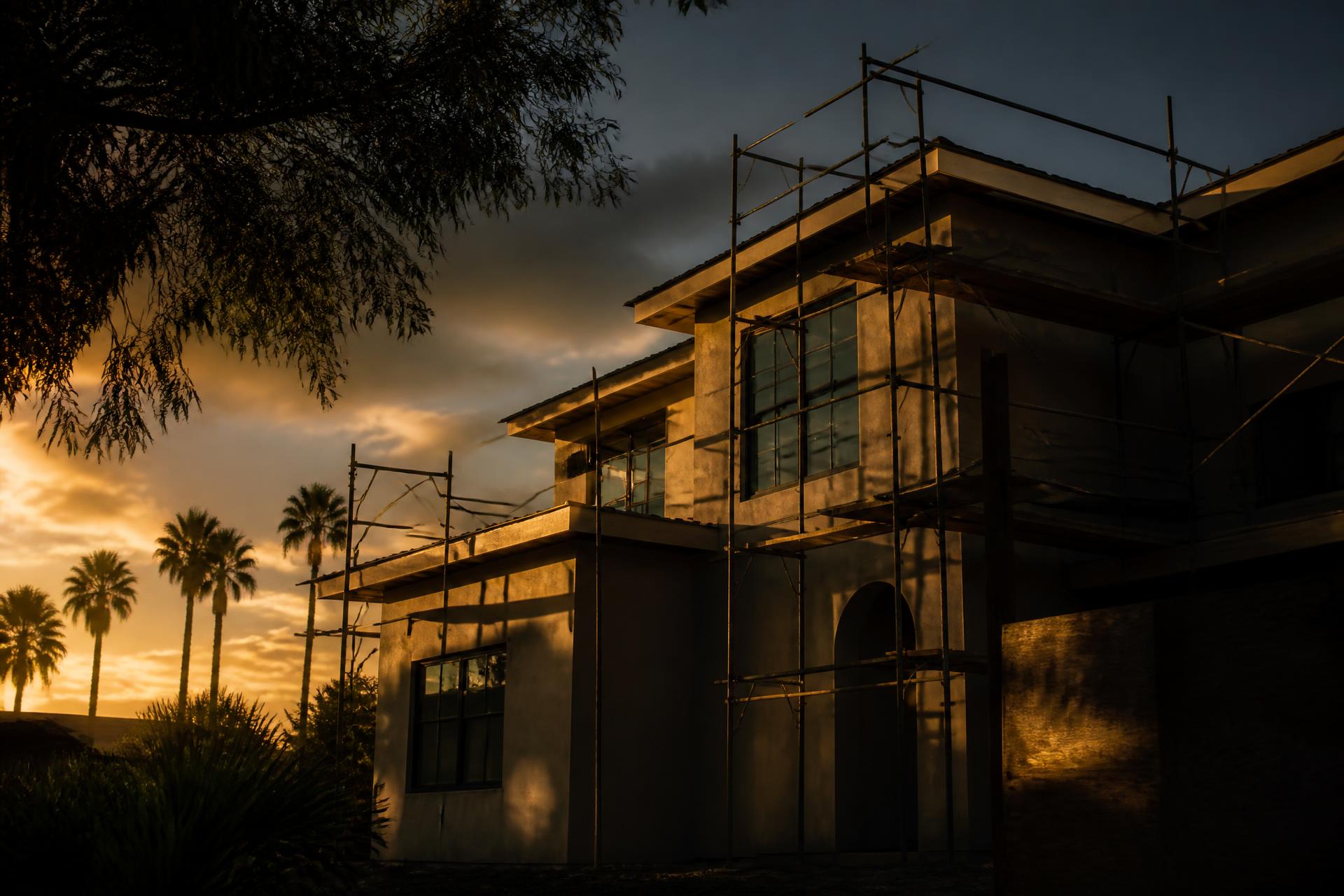 Home exterior under construction at dusk in Southern California